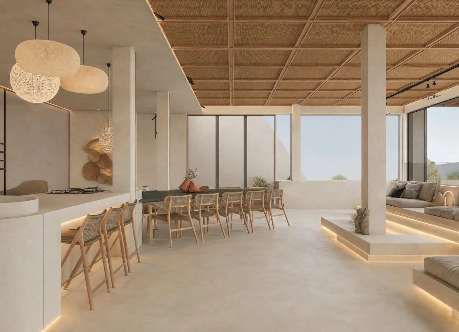 Sala de estar e jantar integrada, com madeira e grandes janelas, apresentada no portfólio da ATMO.