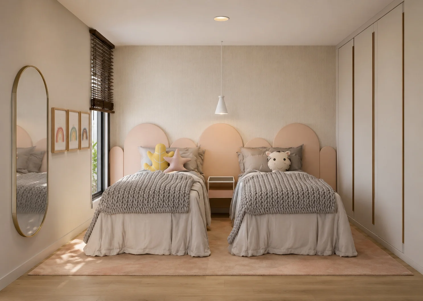 Quarto com duas camas e marcenaria em tons claros, apresentado no portfólio da ATMO.